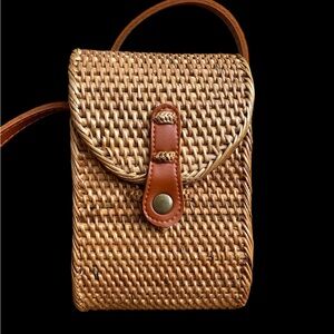 Anthropologie small rattan wicker bag handbag crossbody leather strap tan GUC